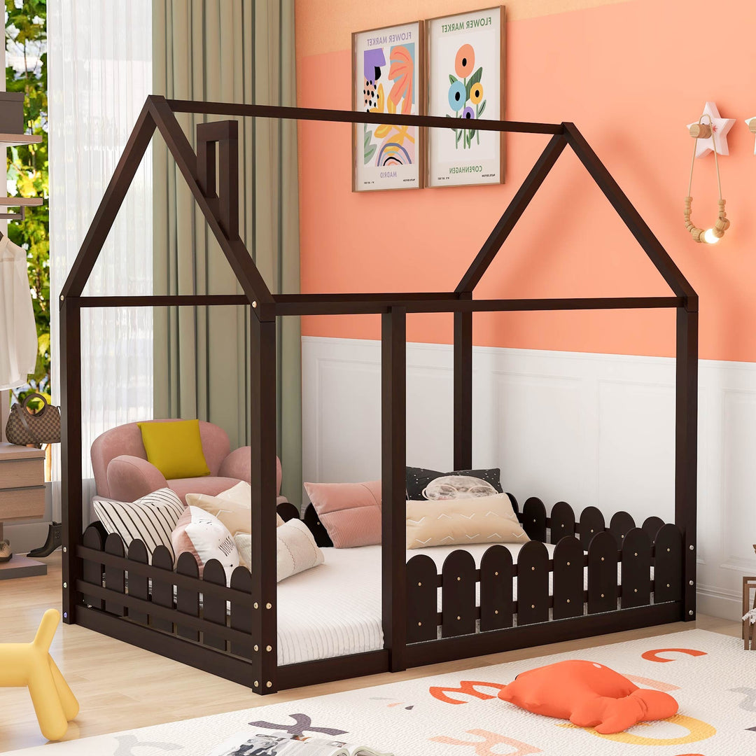 Full Size Wood Bed House Bed Frame with Fence,for Kids,Teens,Girls,Boys (Espresso)(Slats are not included)