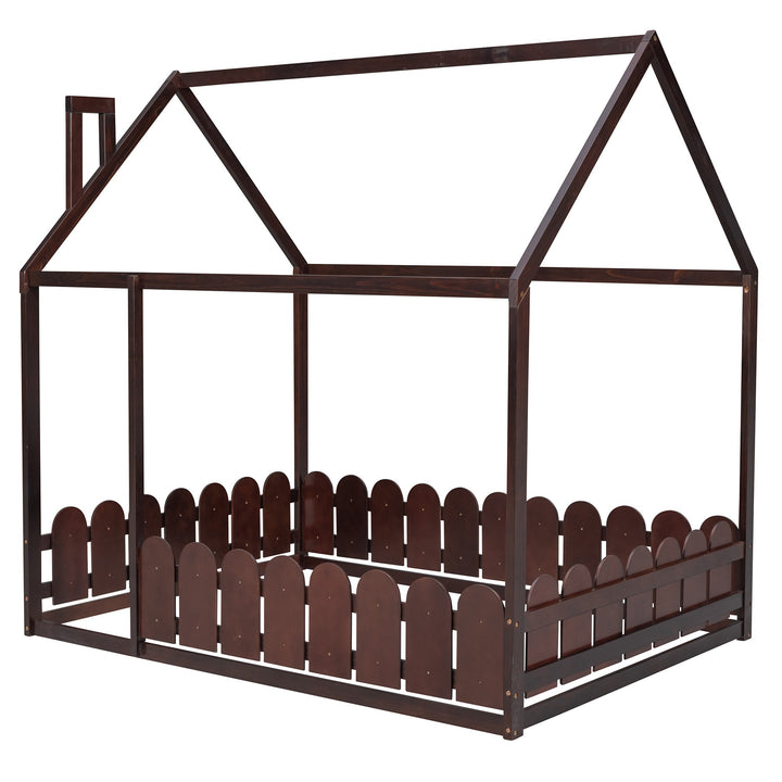 Full Size Wood Bed House Bed Frame with Fence,for Kids,Teens,Girls,Boys (Espresso)(Slats are not included)