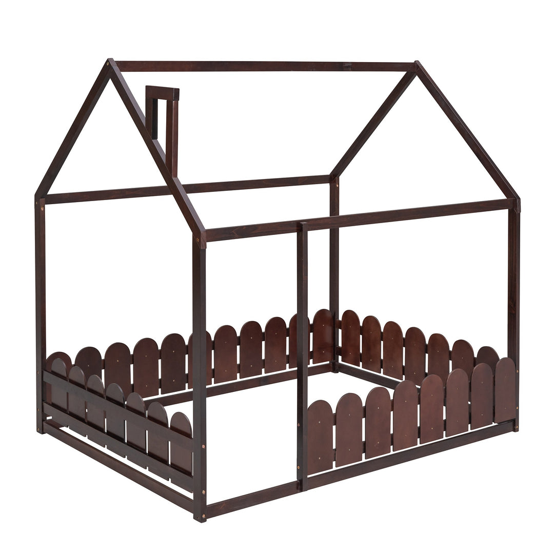 Full Size Wood Bed House Bed Frame with Fence,for Kids,Teens,Girls,Boys (Espresso)(Slats are not included)