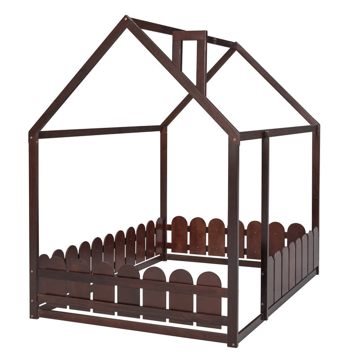 Full Size Wood Bed House Bed Frame with Fence,for Kids,Teens,Girls,Boys (Espresso)(Slats are not included)