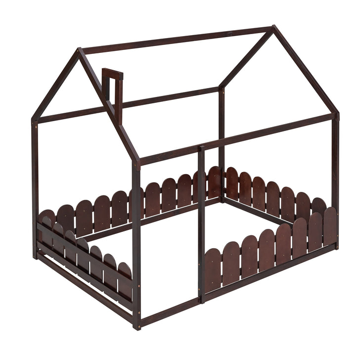 Full Size Wood Bed House Bed Frame with Fence,for Kids,Teens,Girls,Boys (Espresso)(Slats are not included)