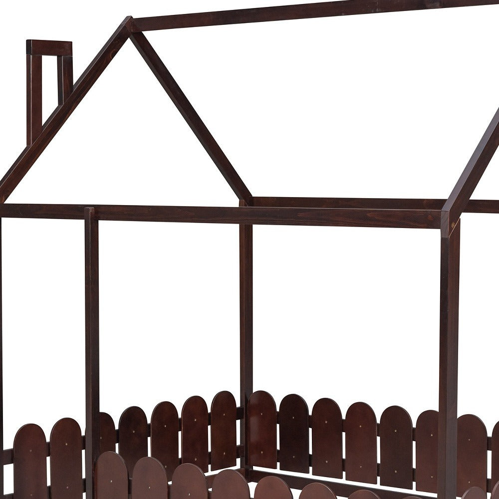 Full Size Wood Bed House Bed Frame with Fence,for Kids,Teens,Girls,Boys (Espresso)(Slats are not included)