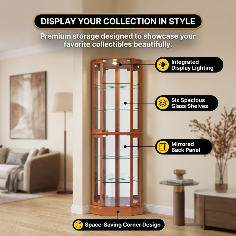Lighted Corner Curio Cabinet – Wooden Display Cabinet with Glass Doors & Adjustable Shelves - 5