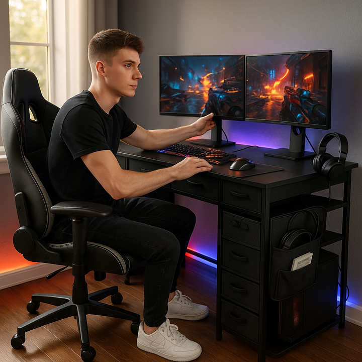 PowerStation Pro 47" Computer Desk with 7 Drawers & Smart Power Hub – Black Gaming Workstation