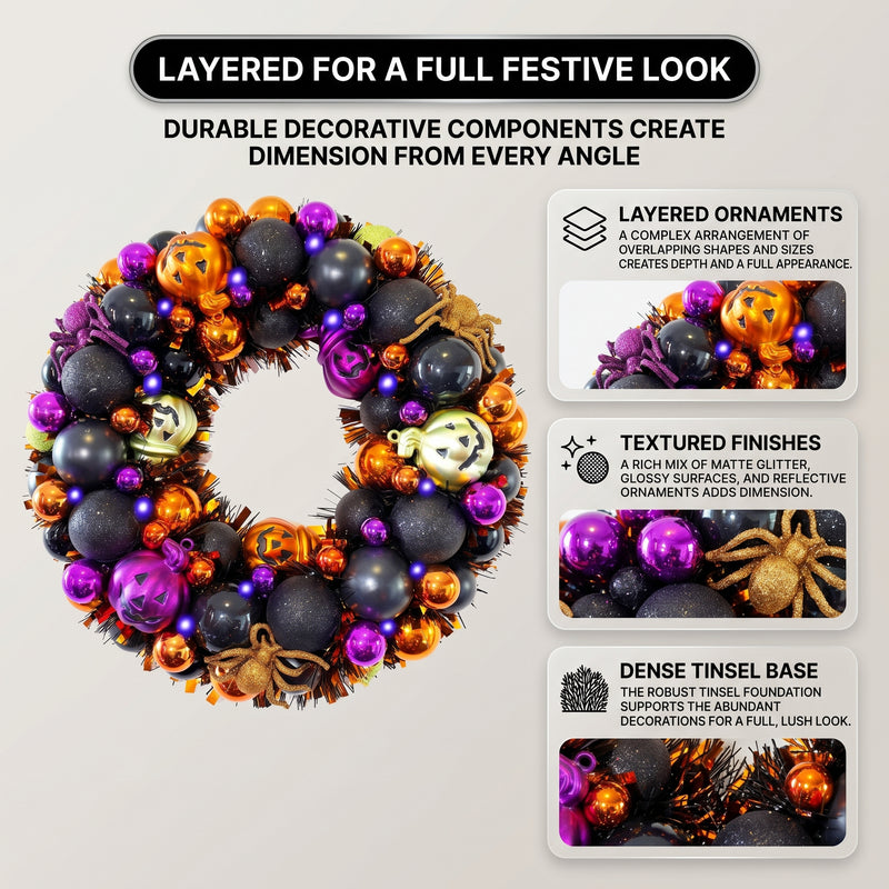 HALLOWEEN WREATH WITH LIGHTS FOR FRONT DOOR – PRE-LIT PUMPKIN, WITCH & GOTHIC PORCH DÉCOR - 5