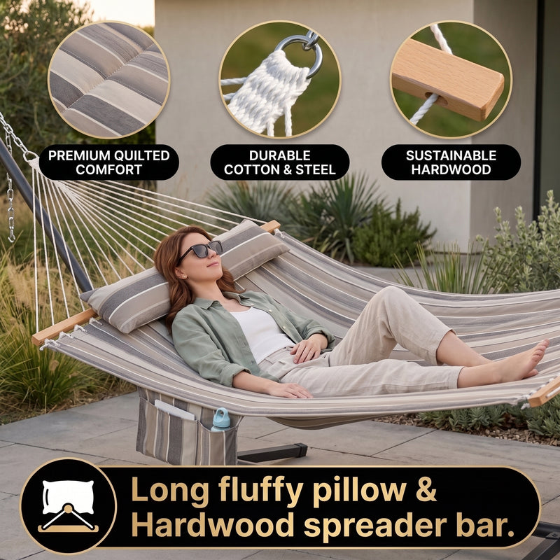 Outdoor Double Hammock with Stand for 2 – Heavy Duty Steel Frame, Pillow Included - 5