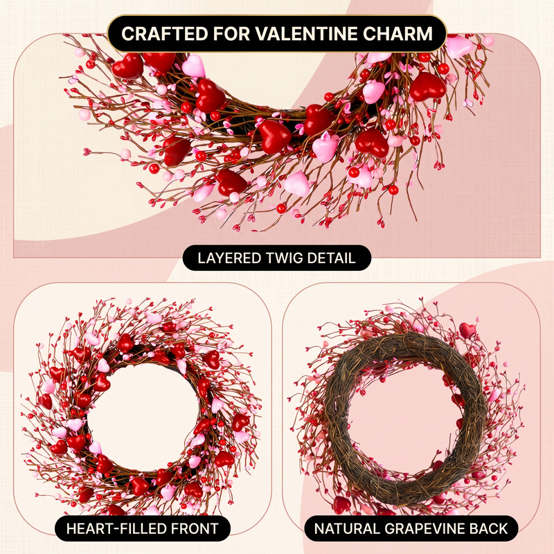VALENTINE WREATHS FOR FRONT DOOR – HEART & BERRY FLORAL WREATH FOR VALENTINE’S DAY DÉCOR - 5