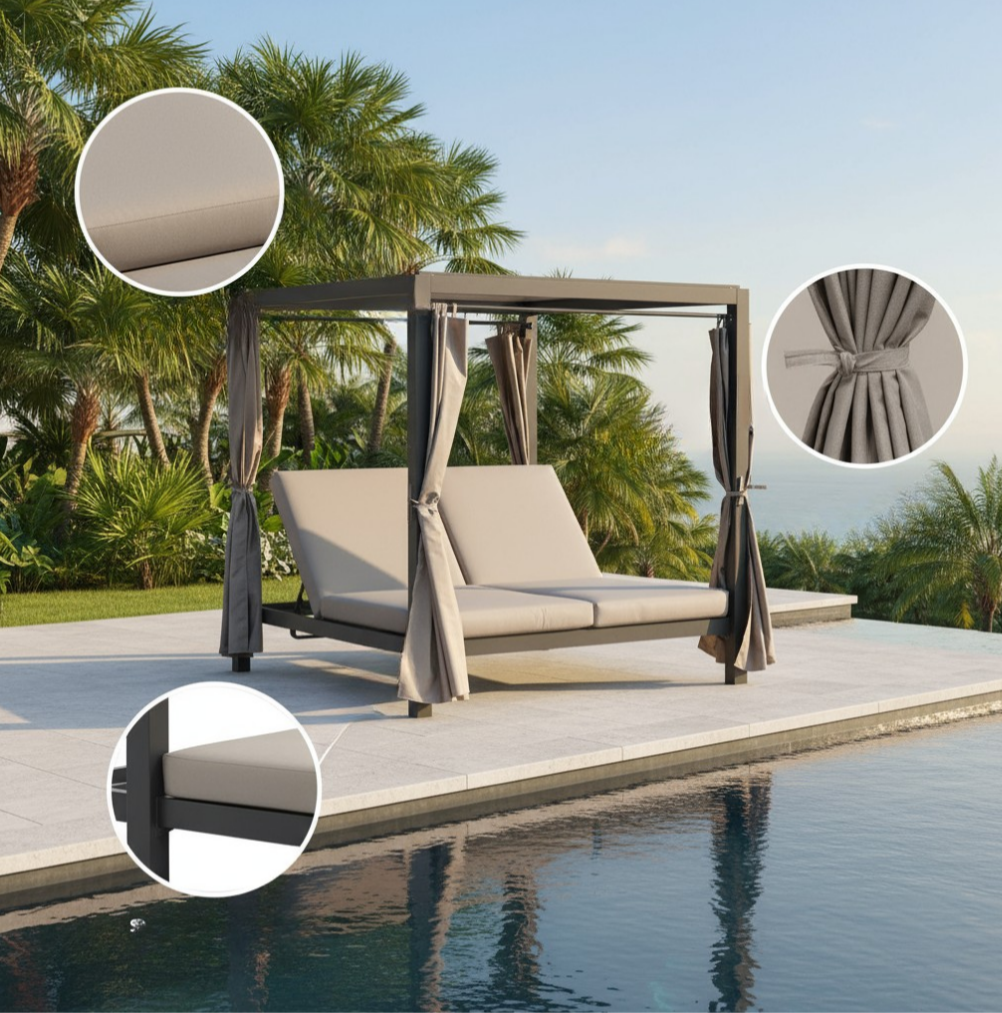 Large Outdoor Daybed Gray - 13.5ft Steel Metal Adjustable Day Bed with Reclining Back, Canopy & Thick Taupe Cushions for Patio