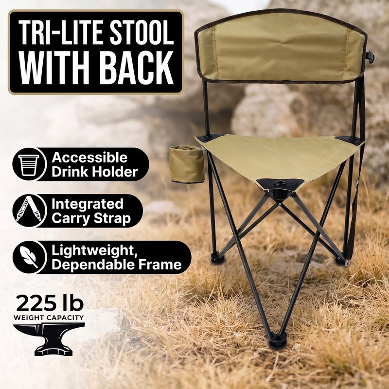 Tri-Lite Stool w/Back, Lightweight Portable Fishing Chair w/Cupholder and Carry Strap, Supports 225-Lb, Portable Outdoor Chair for the Hunting Blind, Camping, Travel, Hiking - 5