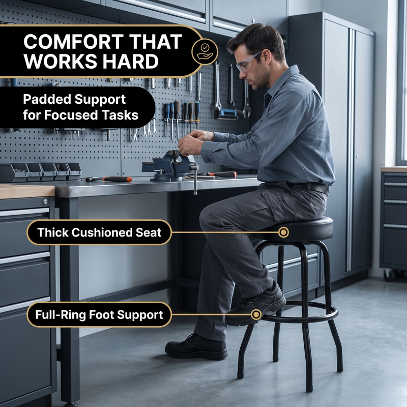 Swivel Bar Stool for Garage & Shop - Backless Counter Stool with Padded Seat, Workbench Stool for Workshop, Single Bar Stool with Chrome Legs - 5