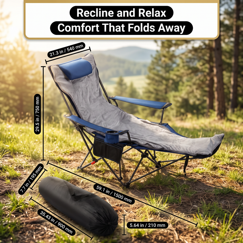 Premium Reclining Camping Chair with Footrest & Headrest – 4-Position Adjustable Recline - 5