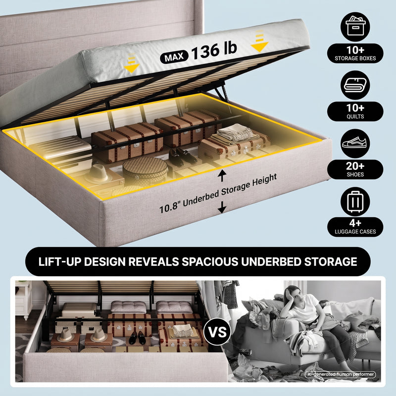 Lift-Up Storage Bed Frame with Upholstered Wingback Headboard - 5