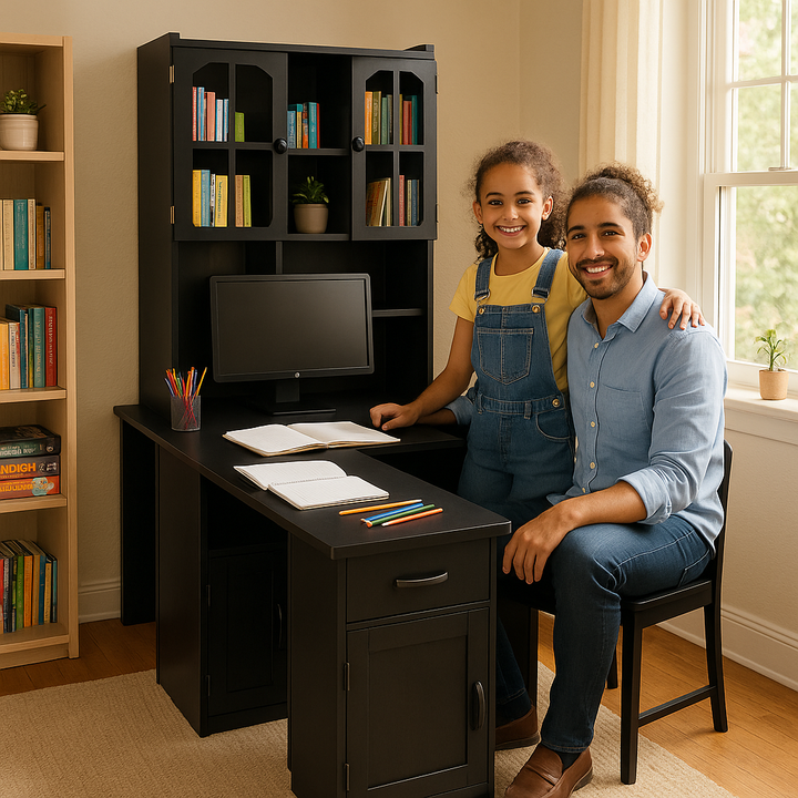 ModernSpace Executive Pro L-Shaped Corner Computer Desk with Integrated Bookshelf Hutch & Storage System — Black
