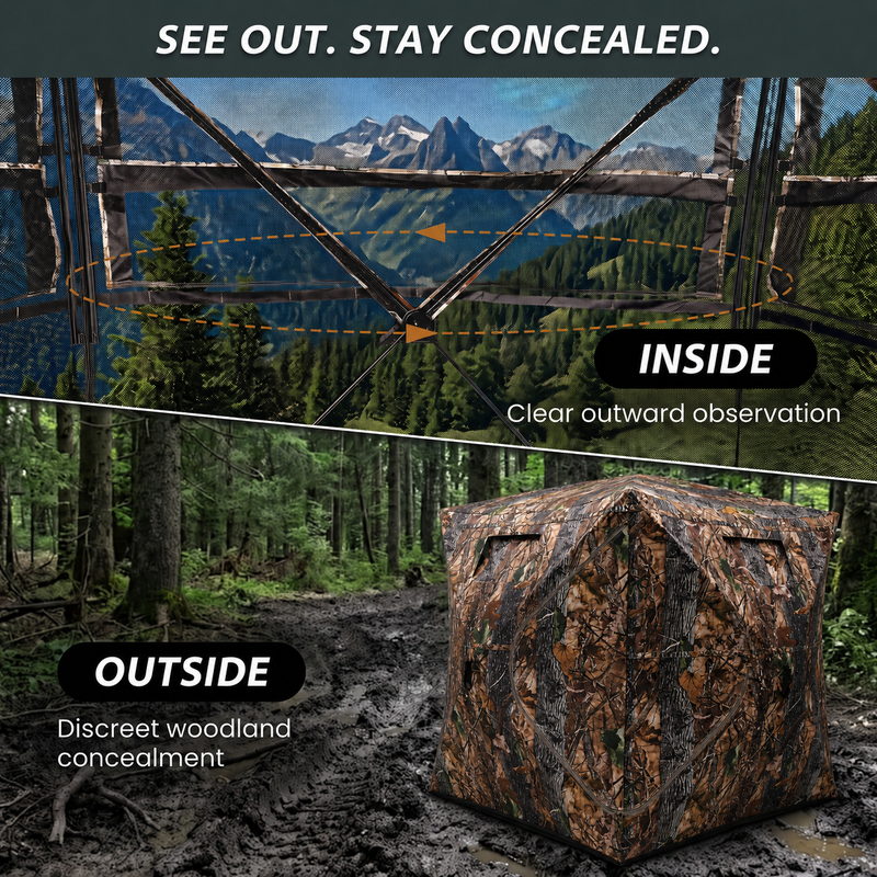 Hunting Blind with Floor Mat, 360 Degree See Through Ground Blind with Carrying Bag, 2/3/4 Person Pop Up Camouflage Tent Portable Concealed Shelter - 5