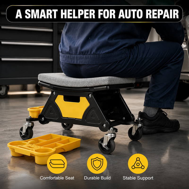 Mobile Mechanic Toolbox Seat with Drawers - Rolling Mechanic Stool with Sliding Tool Tray, Shop Stool with Wheels for Garage & Workshop, Auto Repair - 5