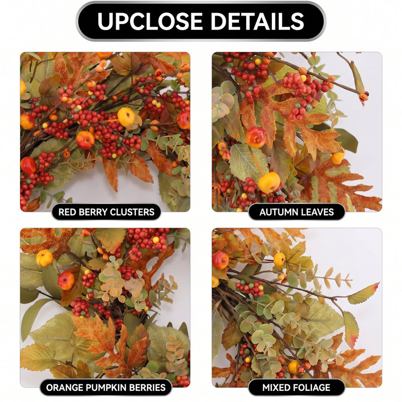 22-Inch Artificial Fall Wreath for Front Door – Berry, Pumpkin & Floral Styles - 5