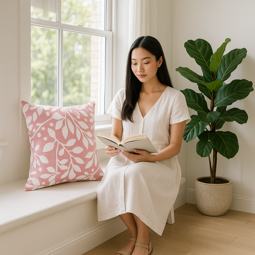 Premium 20" Pink and White Botanical and Geometric Indoor Outdoor Throw Pillow - Reversible Contemporary Design with Weather-Resistant Polyester
