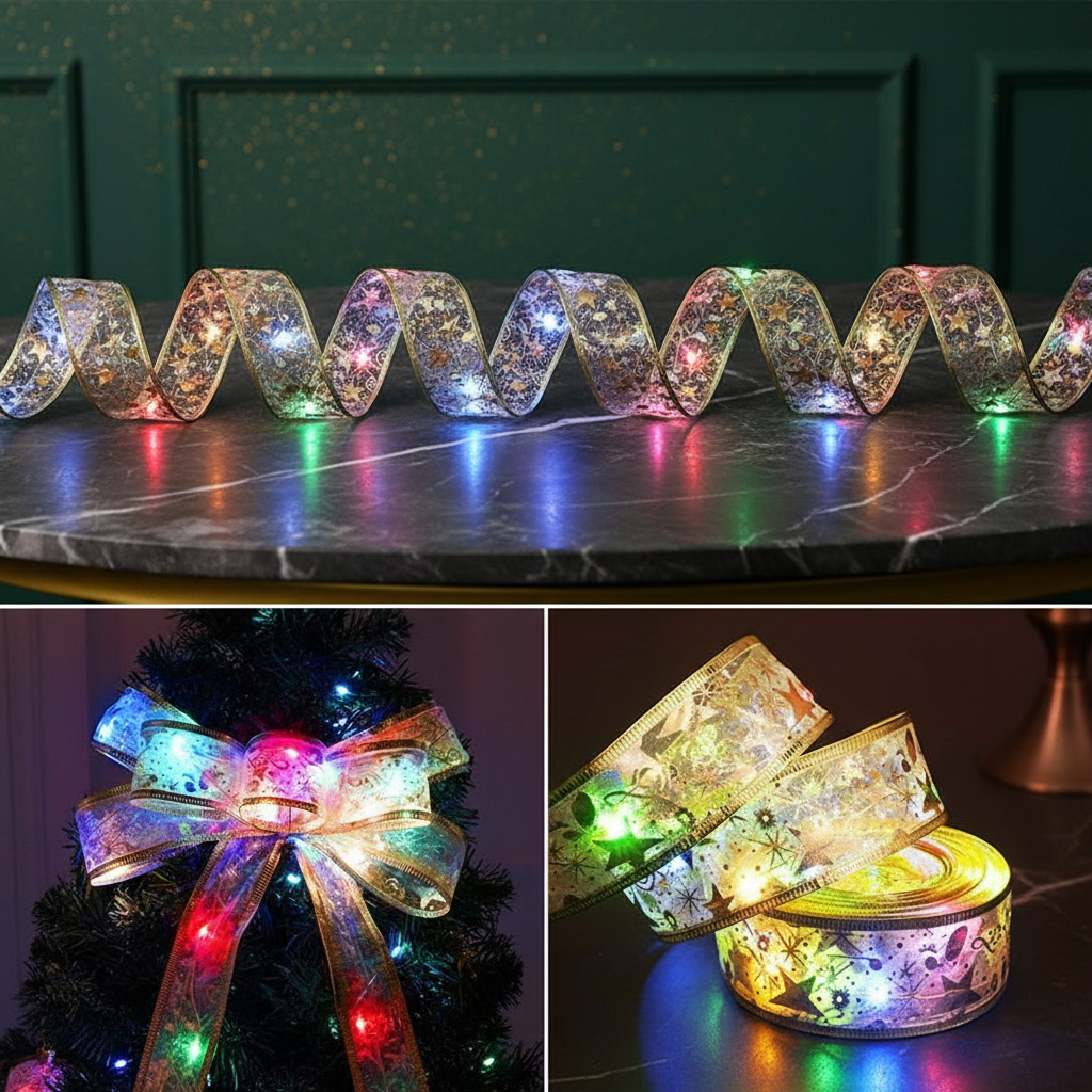 1pc New Years Christmas Lights; New Years Christmas Decoration Golden Christmas Ribbon Fairy Lights