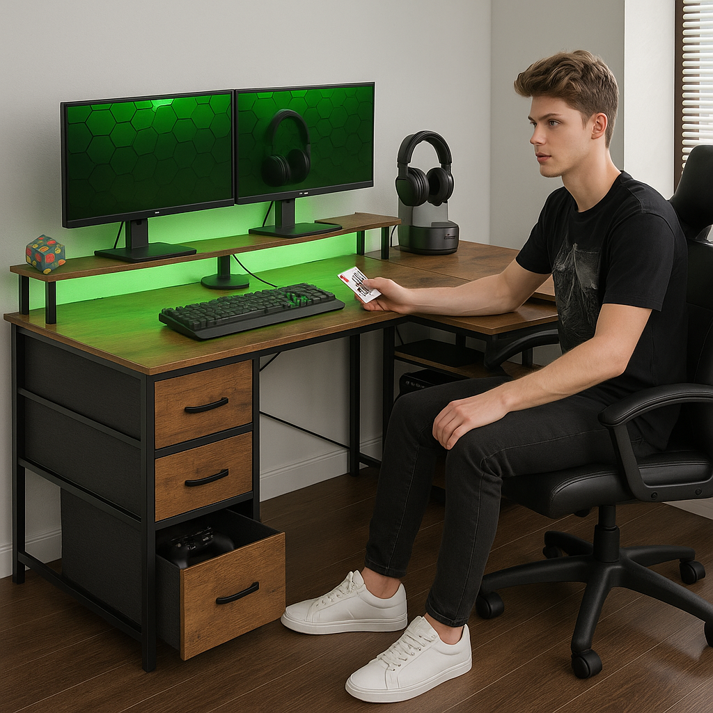 HOMCOM TechStation Pro 66" Reversible L-Shaped Computer Desk with Smart Power Hub & RGB LED Lighting – Rustic Brown