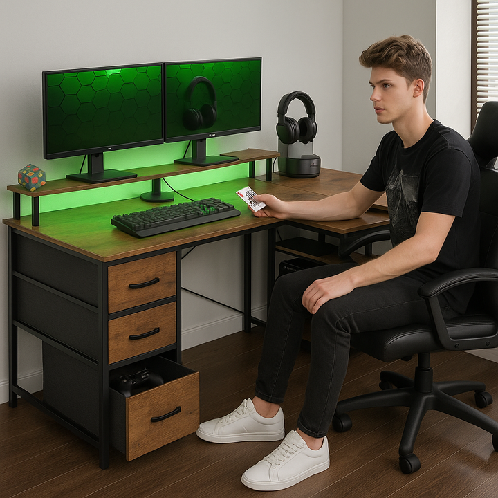HOMCOM TechStation Pro 66" Reversible L-Shaped Computer Desk with Smart Power Hub & RGB LED Lighting – Rustic Brown