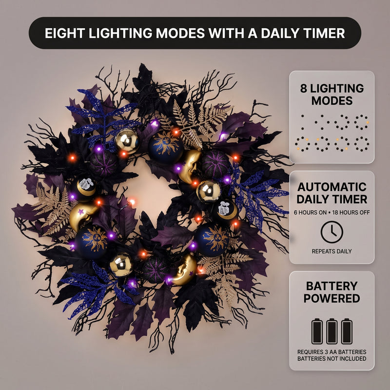 HALLOWEEN WREATH WITH LIGHTS FOR FRONT DOOR – PRE-LIT PUMPKIN, WITCH & GOTHIC PORCH DÉCOR - 5
