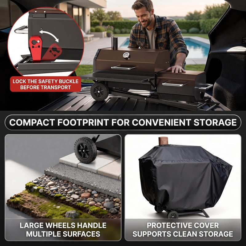 Portable Charcoal Grill with Smoking Function, Foldable Suitcase Design with Wheels, Multi-Tier Storage Rack & Waterproof Cover for Outdoor BBQ Parties - 5