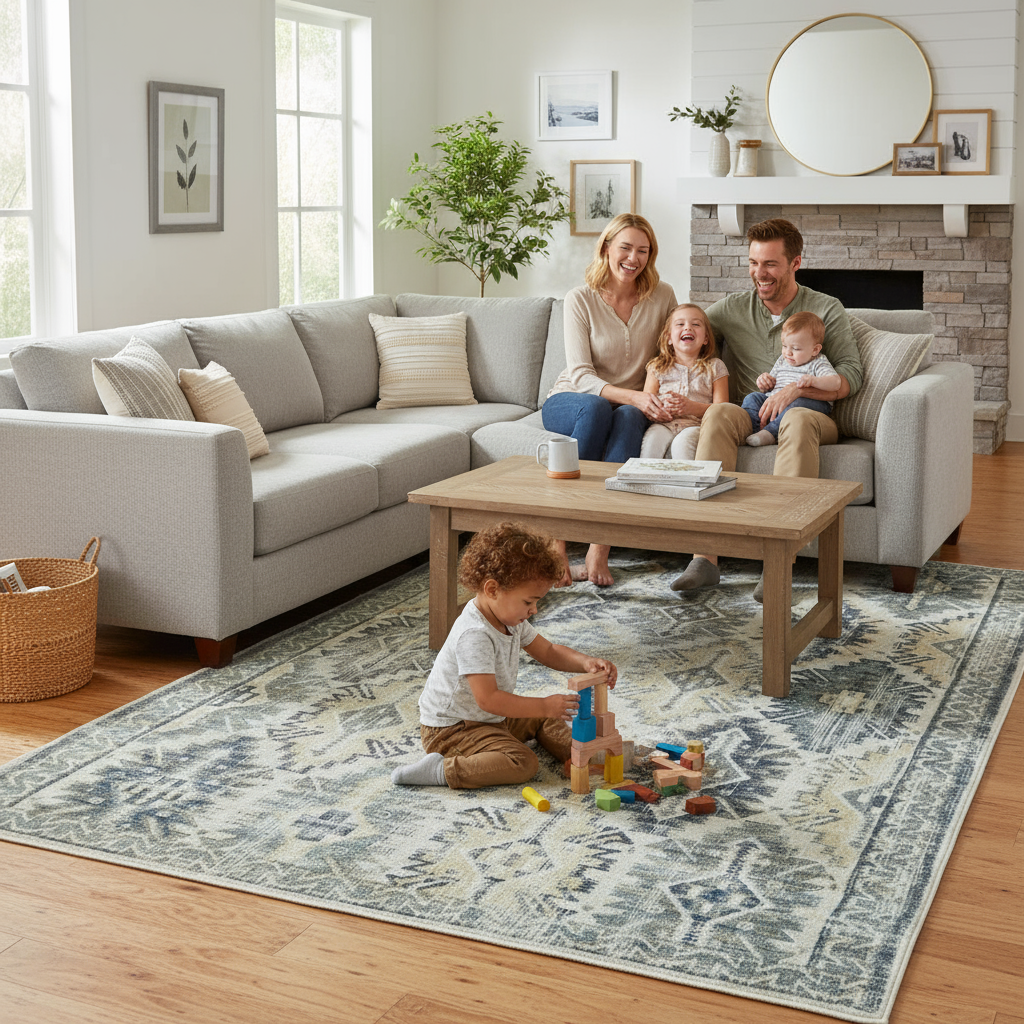 13' X 15' Ivory Green and Blue Aztec Distressed Indoor Outdoor Area Rug