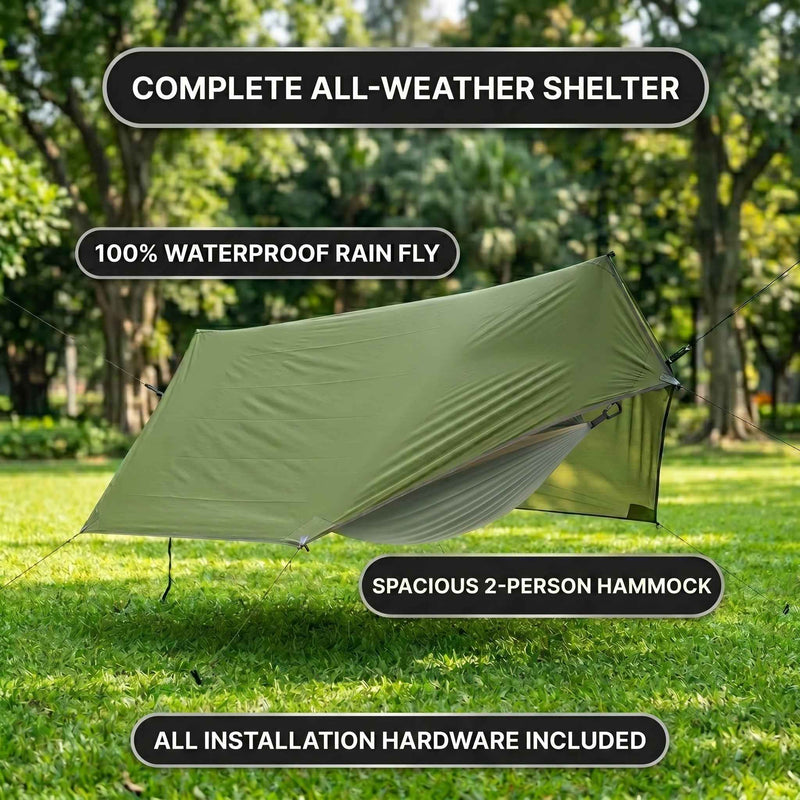 CAMPING HAMMOCK TENT WITH RAIN FLY & MOSQUITO NET – 2-PERSON CAMPING KIT