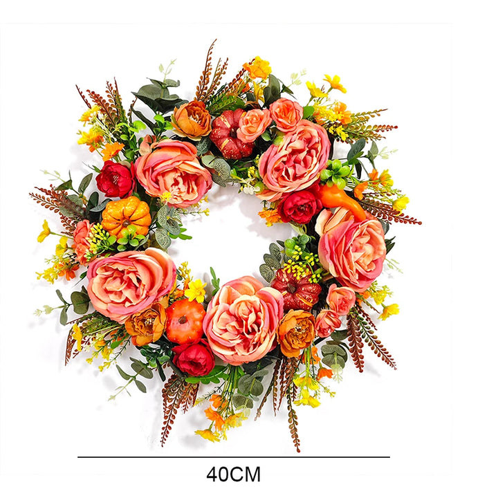 Autumn Peony Pumpkin Harvest Wreath – Artificial Fall Door Decor | Maple Leaf & Berry Wreath | Trufairs