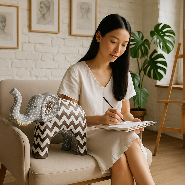 Premium 8" Brown Gray and White Resin Elephant Tabletop Sculpture - Handcrafted Bohemian Décor with Tribal Inspiration
