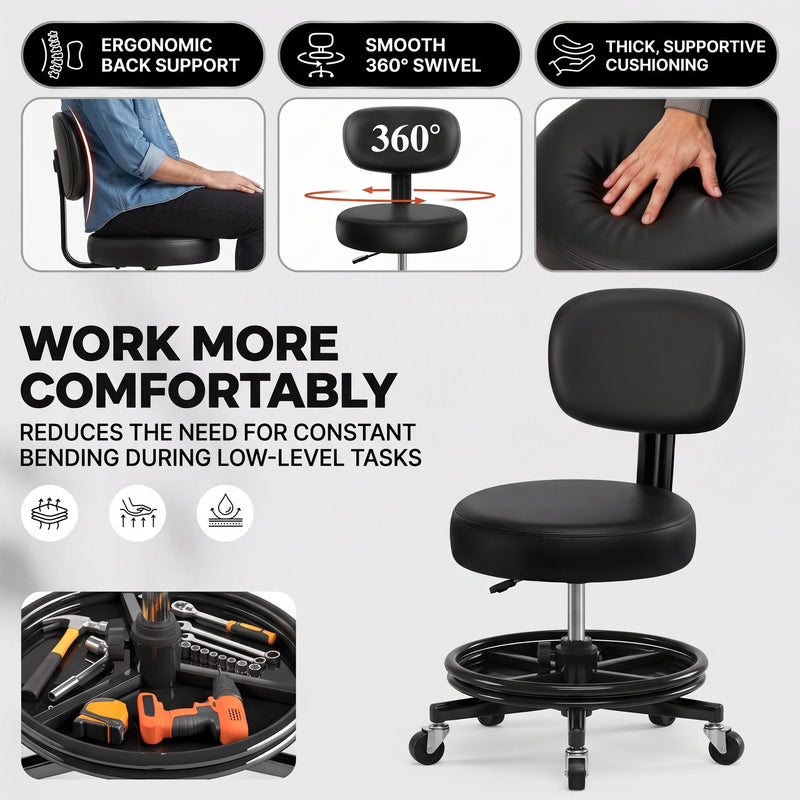 Rolling Mechanic Chair with Backrest and Footrest – Heavy Duty Shop Stool with Wheels, Adjustable Height Swivel Garage Chair - 5
