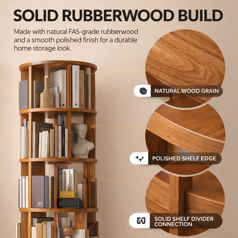 Rotating Bookshelf Tower – 360° Spinning Bookcase | 5 & 6-Tier, Solid Wood & MDF - 5