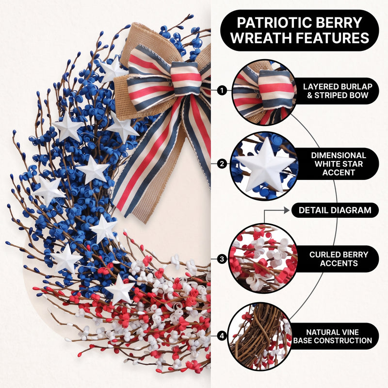 4TH OF JULY WREATH FOR FRONT DOOR – RED, WHITE & BLUE PATRIOTIC DÉCOR - 5