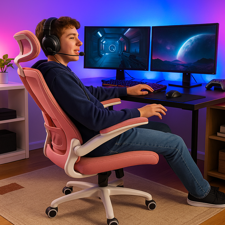 ErgoBliss Pink Mesh Ergonomic Office Chair – Flip-Up Arms, Lumbar Support, Headrest