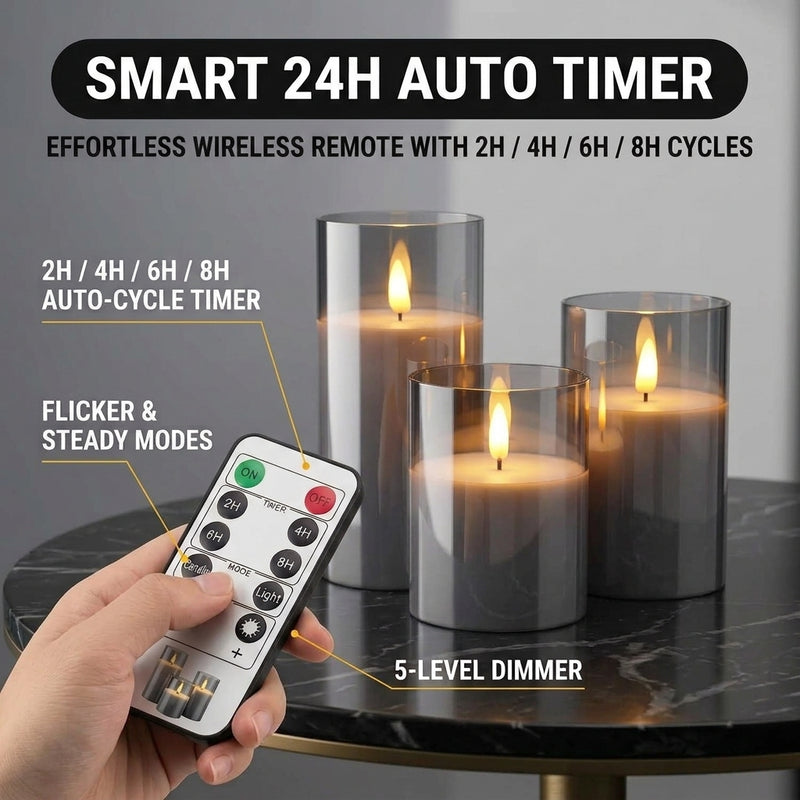 Flameless Candles with Remote & Timer – Glass Pillar Set of 3 - 5