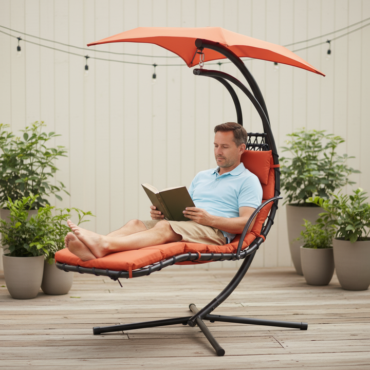 Outdoor Hanging Chaise Swing Orange - Lounger Chair with UV Canopy, Cushion & Stand for Garden Porch Comfort