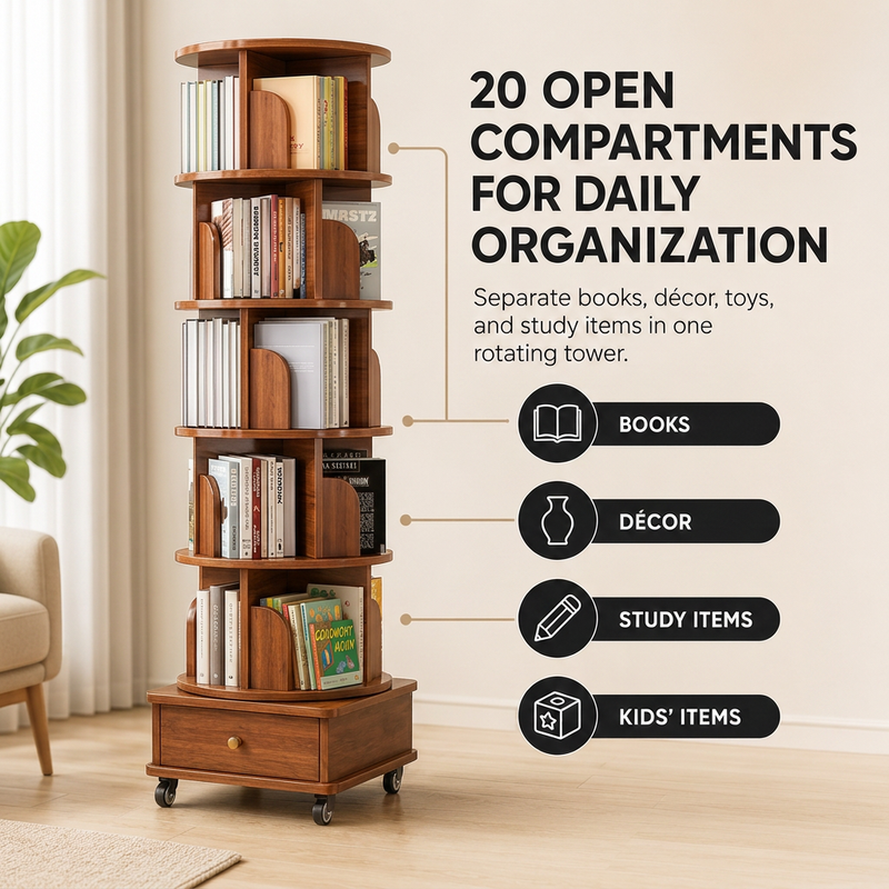 Rotating Bookshelf Tower – 360° Spinning Bookcase | 5 & 6-Tier, Solid Wood & MDF - 5