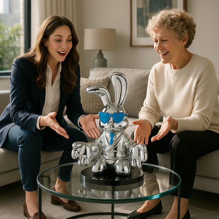 Exclusive Sitting Rabbit with Blue Tie and Glasses Chrome Sculpture - Premium 25" Meditation Art Collection