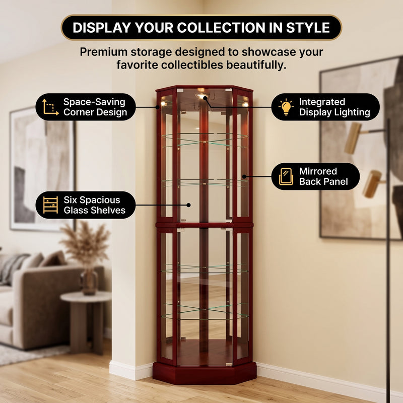 Lighted Corner Curio Cabinet – Wooden Display Cabinet with Glass Doors & Adjustable Shelves - 5