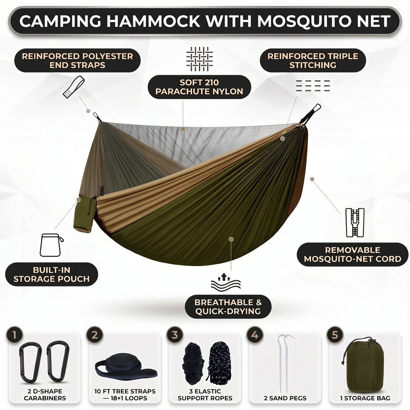 DOUBLE CAMPING HAMMOCK WITH REVERSIBLE BUG NET – 2 PERSON, 660 LB - 5