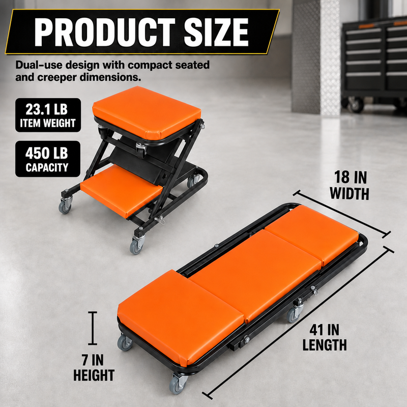 2-in-1 Convertible Z-Creeper Seat - Rolling Mechanic Creeper with Wheels, Under Dash Creeper & Garage Chair for Auto Repair, Low Profile Roller Seat - 5