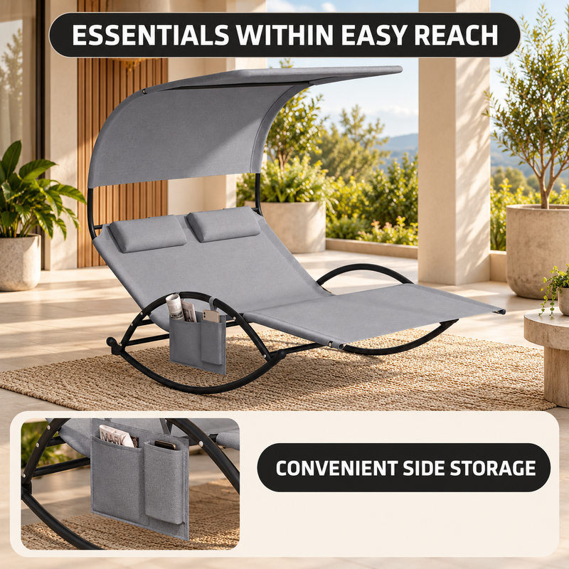 Outdoor Chaise Lounger with Canopy – Single & Double 2-Person Patio Sun Lounger with Cushions & Headrest - 5