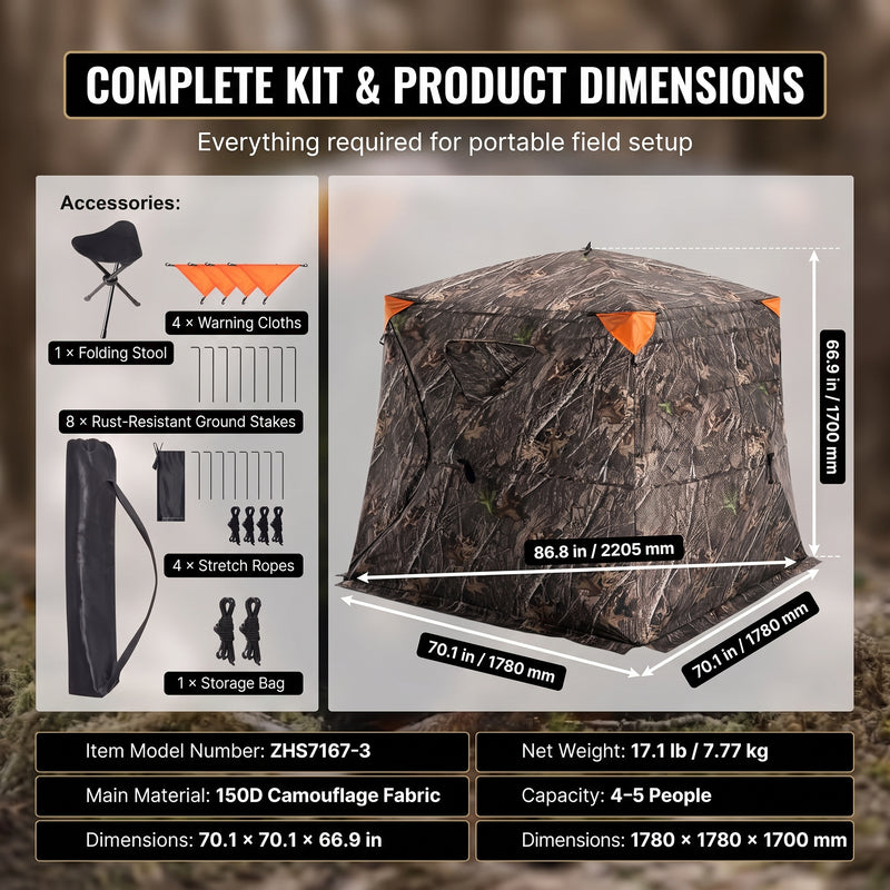 Silent Pop Up Hunting Blind with 270° See Through View – Waterproof Camo Ground Blind Tent for Turkey and Deer Hunting, 1-7 Person Capacity - 5