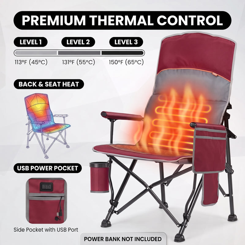 Heated Camping Chair for Adult Outdoor Activities - Portable Folding Heated Chair with 3 Adjustable Heat Levels, Heating Backrest Cushion Support 264LBS for Patio Camping (Battery Not Included) - 5