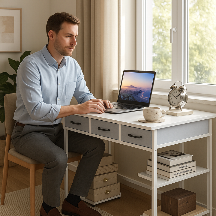 StorEase 47" White Compact Desk with Fabric Drawers & Adjustable Shelves