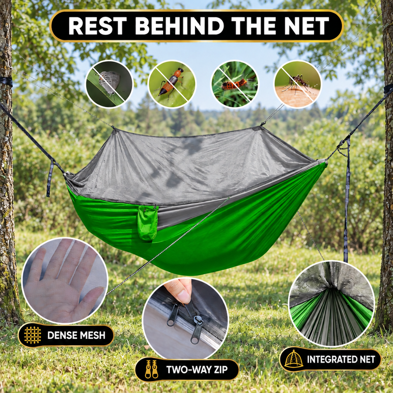 DOUBLE CAMPING HAMMOCK WITH REVERSIBLE BUG NET – 2 PERSON, 660 LB - 5