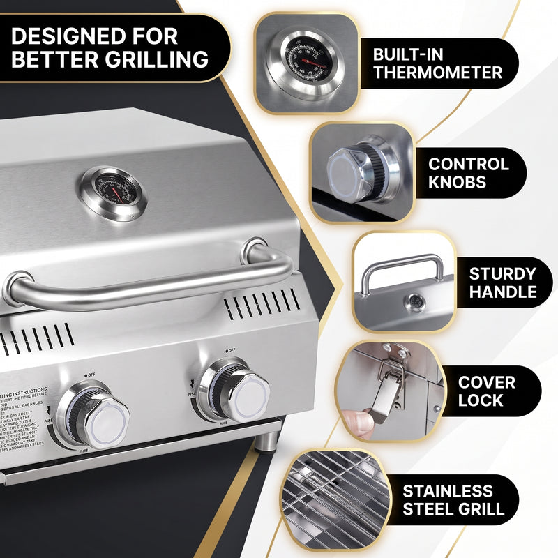 PORTABLE STAINLESS STEEL TABLETOP PROPANE GRILL – 2 & 3 BURNER OUTDOOR BBQ OPTIONS - 5