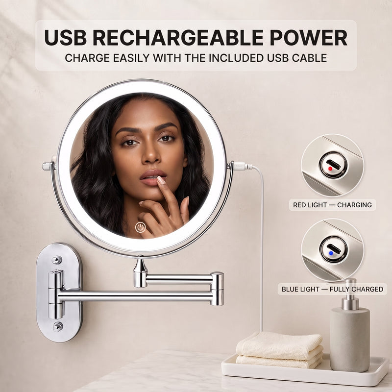 Rechargeable Wall Mounted Makeup Mirror with LED Light – Adjustable Brightness, Magnifying - 5