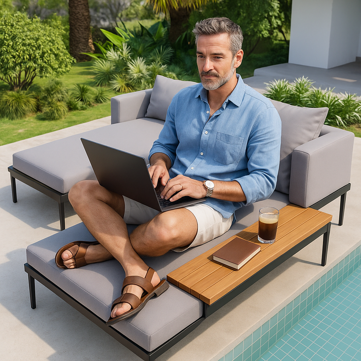 TOPMAX Modern Outdoor Daybed - Premium 2-in-1 Patio Metal Daybed with Acacia Wood Side Tables, Padded Chaise Lounges for Poolside, Balcony & Deck in Elegant Gray