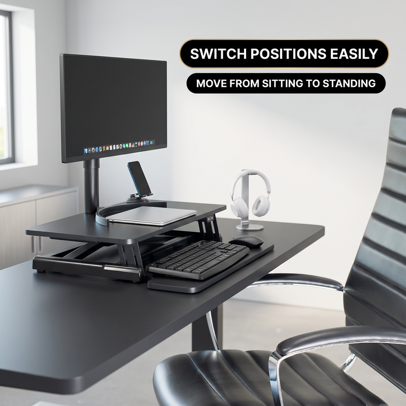 Standing Desk Converter, Height Adjustable Sit to Stand Desk Riser, Pneumatic & Electric Dual Monitor Laptop Workstation with Wide Keyboard Tray - 5